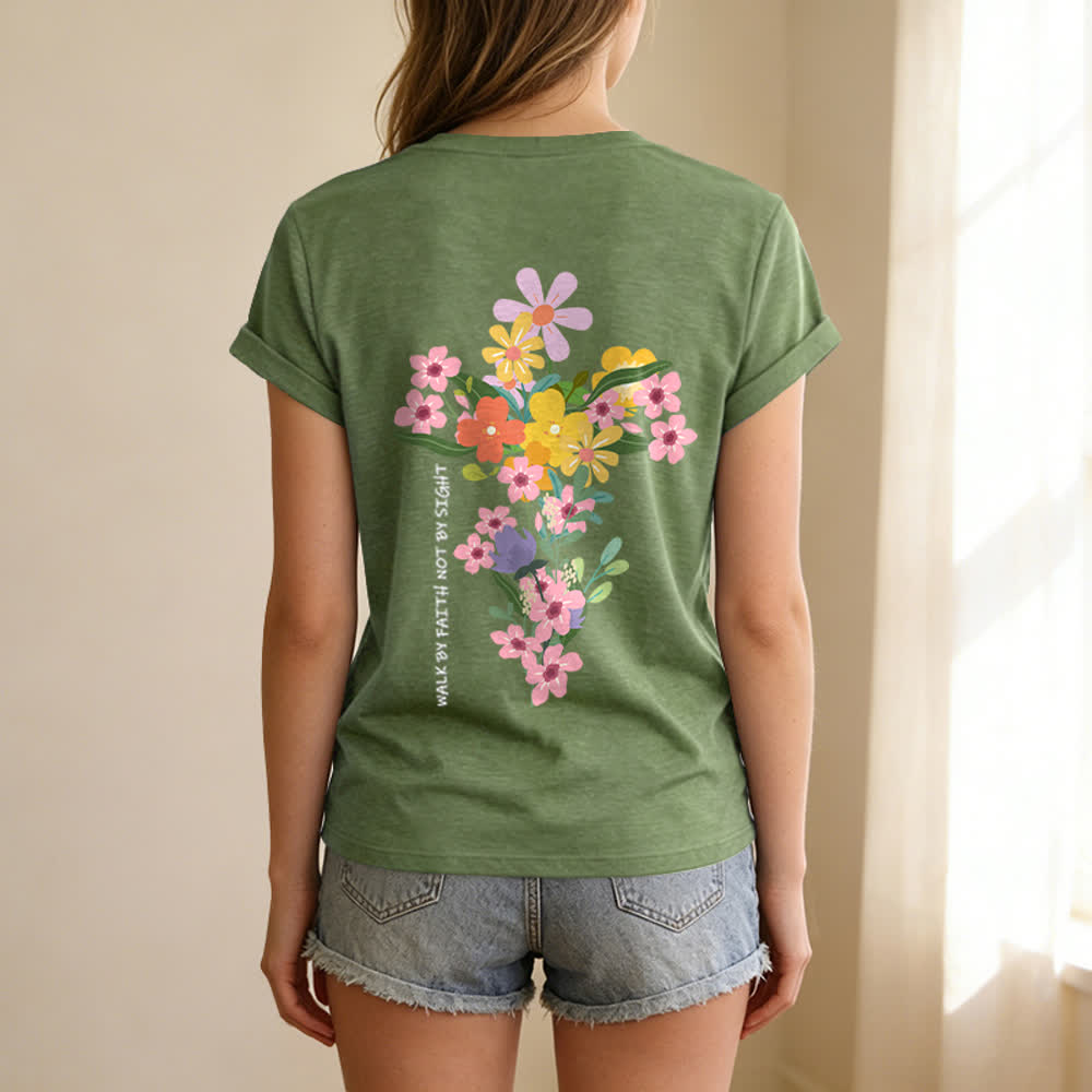 Christianartworkshop Dual-Side Jesus Is The Light Walk By Faith Not By Sight Floral Print Casual V-neck T-shirt - image 14