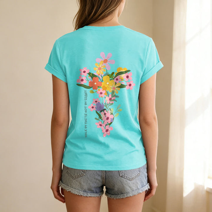 Christianartworkshop Dual-Side Jesus Is The Light Walk By Faith Not By Sight Floral Print Casual V-neck T-shirt - image 42
