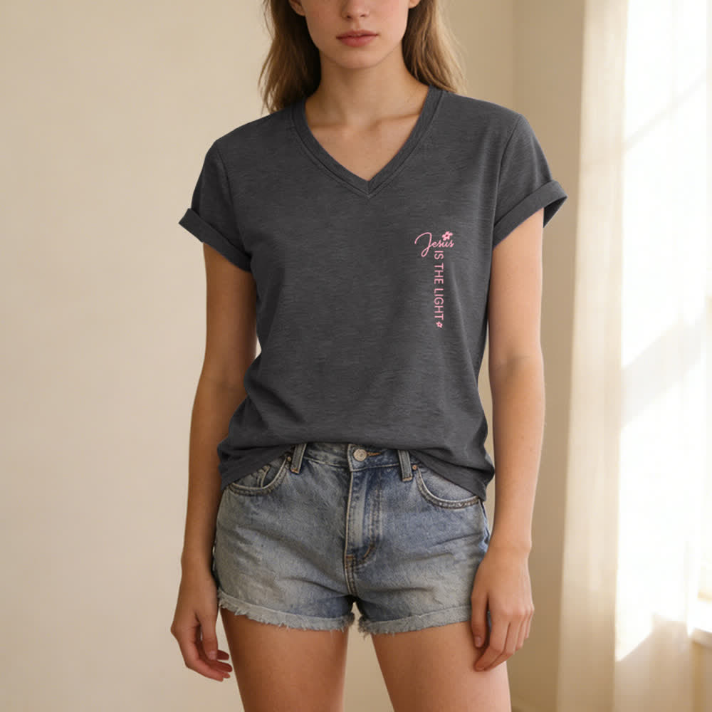 Christianartworkshop Dual-Side Jesus Is The Light Walk By Faith Not By Sight Floral Print Casual V-neck T-shirt - image 11