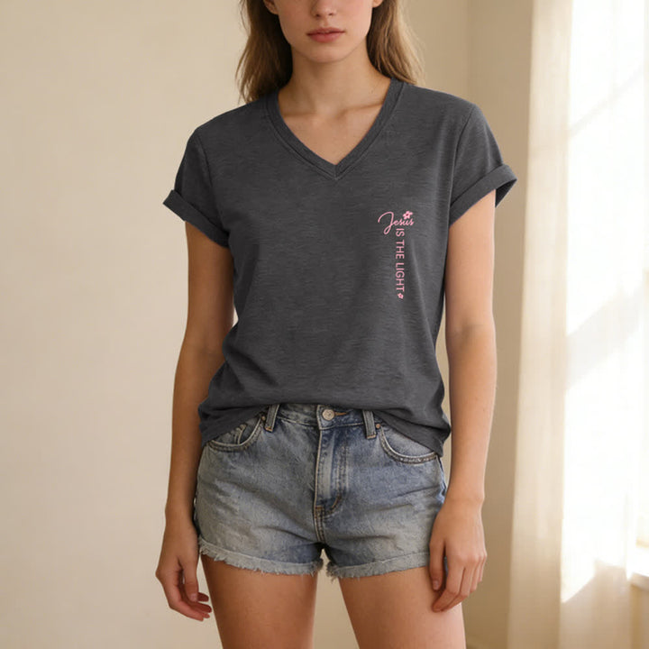Christianartworkshop Dual-Side Jesus Is The Light Walk By Faith Not By Sight Floral Print Casual V-neck T-shirt - image 11