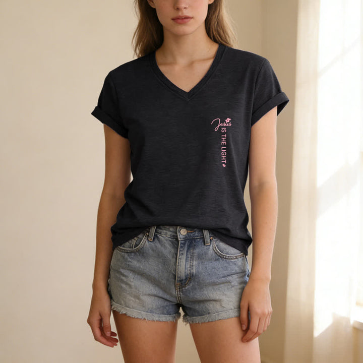 Christianartworkshop Dual-Side Jesus Is The Light Walk By Faith Not By Sight Floral Print Casual V-neck T-shirt - image 27