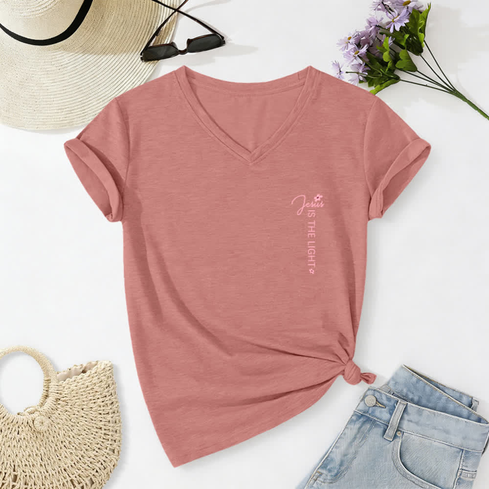 Christianartworkshop Dual-Side Jesus Is The Light Walk By Faith Not By Sight Floral Print Casual V-neck T-shirt - image 37