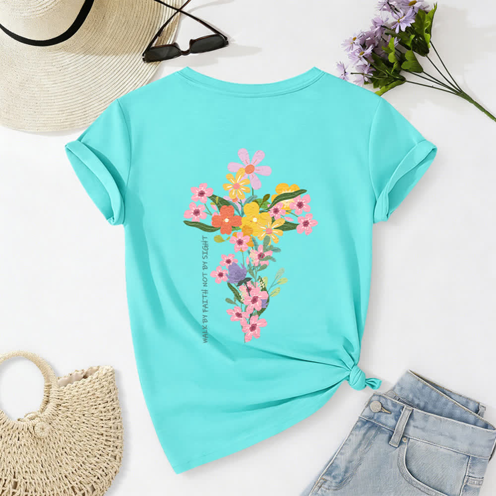 Christianartworkshop Dual-Side Jesus Is The Light Walk By Faith Not By Sight Floral Print Casual V-neck T-shirt - Sky Blue - 2XL - image 40