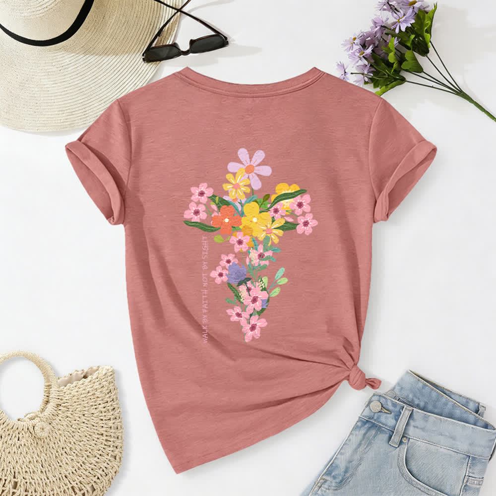 Christianartworkshop Dual-Side Jesus Is The Light Walk By Faith Not By Sight Floral Print Casual V-neck T-shirt - Light Pink - 2XL - image 36