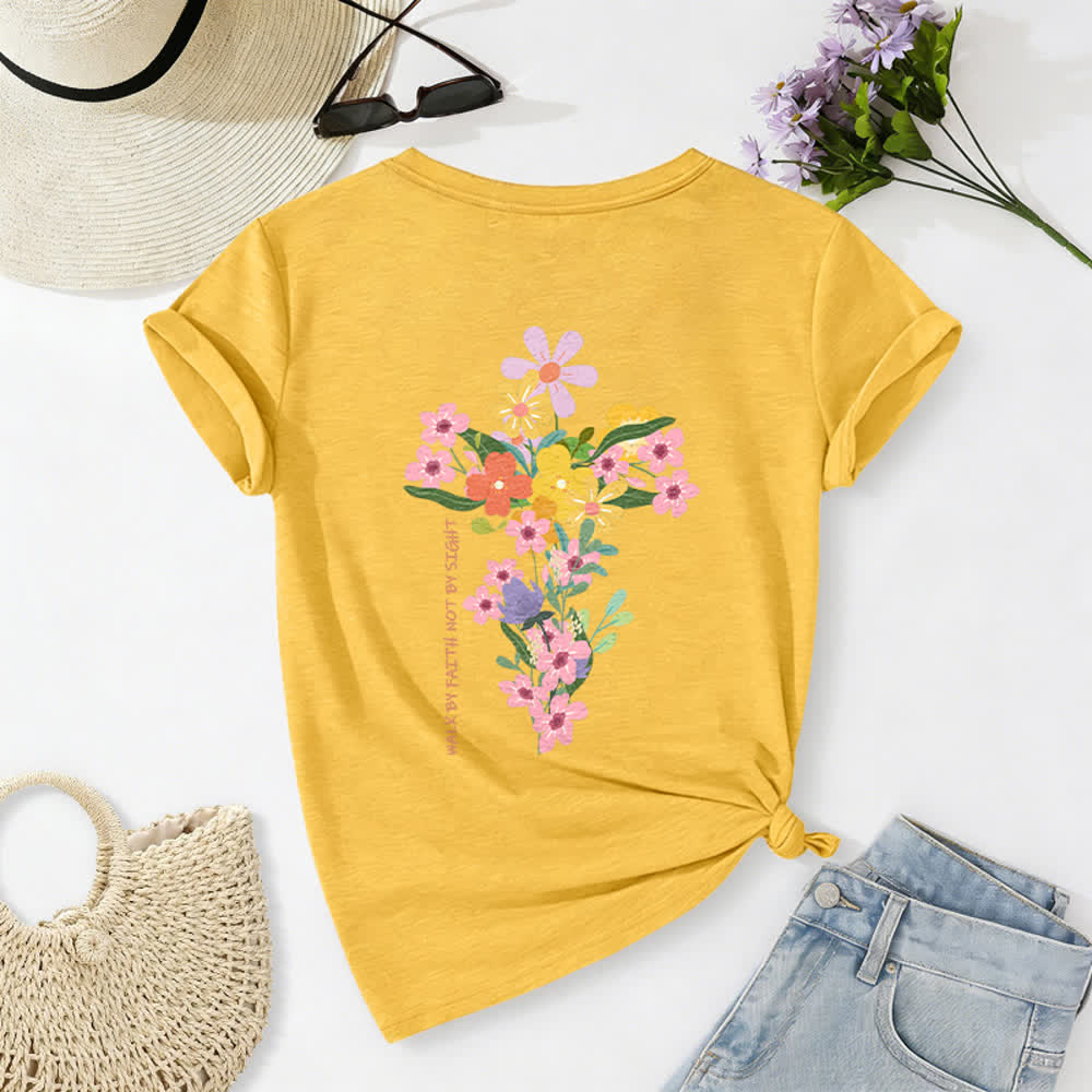 Christianartworkshop Dual-Side Jesus Is The Light Walk By Faith Not By Sight Floral Print Casual V-neck T-shirt - Yellow - 2XL - image 48