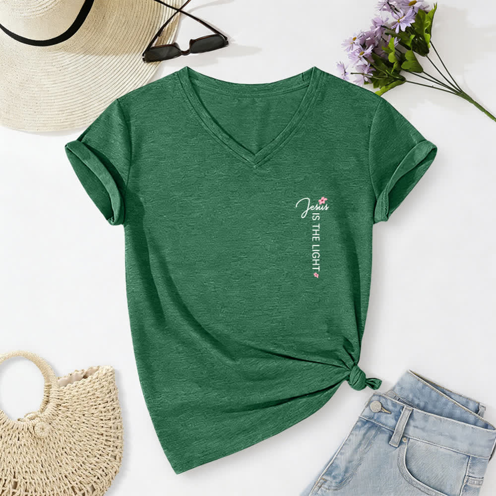 Christianartworkshop Dual-Side Jesus Is The Light Walk By Faith Not By Sight Floral Print Casual V-neck T-shirt - image 21