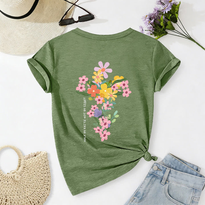 Christianartworkshop Dual-Side Jesus Is The Light Walk By Faith Not By Sight Floral Print Casual V-neck T-shirt - Dark Green - 2XL - image 12