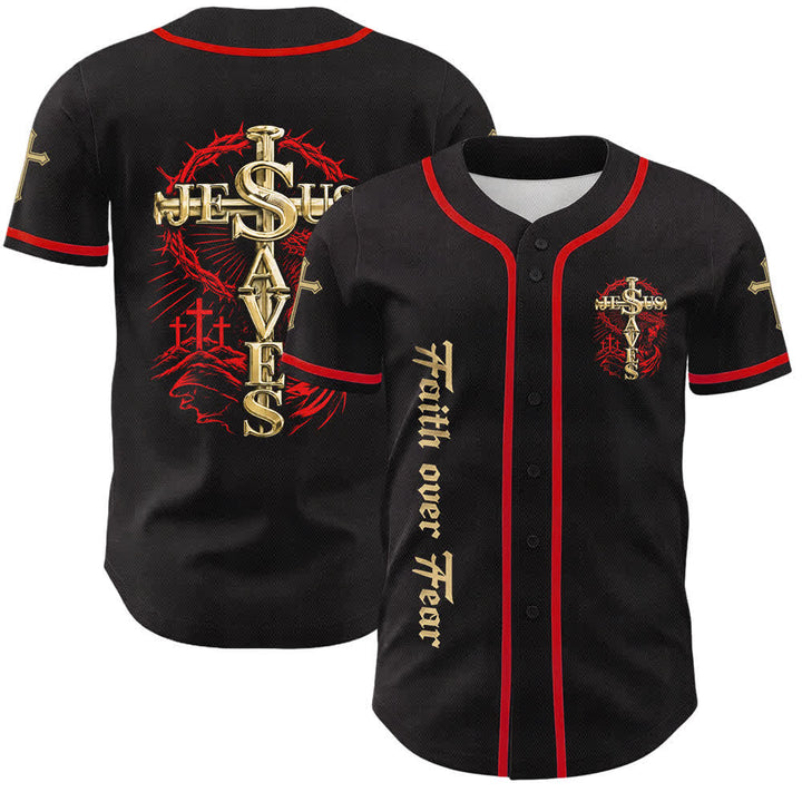 Christianartworkshop Faith Over Fear Jesus Saves Thorn Cross Unisex Baseball Jersey - Red - 5XL - image 3