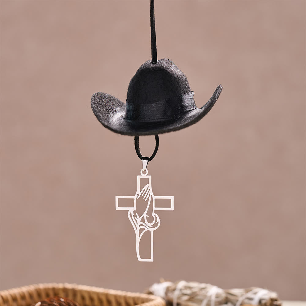 Christianartworkshop Mini Cowboy Hat Praying Hands Cross Car Pendant: Symbol of Peaceful Traveling Grace - image 7