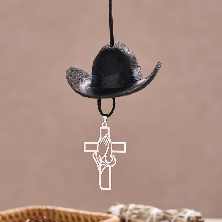 Christianartworkshop Mini Cowboy Hat Praying Hands Cross Car Pendant: Symbol of Peaceful Traveling Grace - image 7
