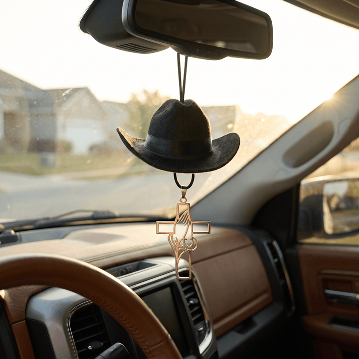 Christianartworkshop Mini Cowboy Hat Praying Hands Cross Car Pendant: Symbol of Peaceful Traveling Grace - Black - image 0