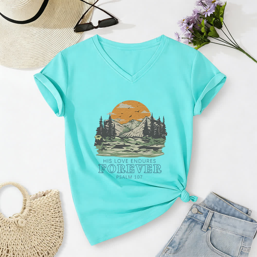 Christianartworkshop His Love Endures Forever Psalm 107 Mountain Scenery Print Casual V-neck T-shirt - Sky Blue - 2XL - image 20