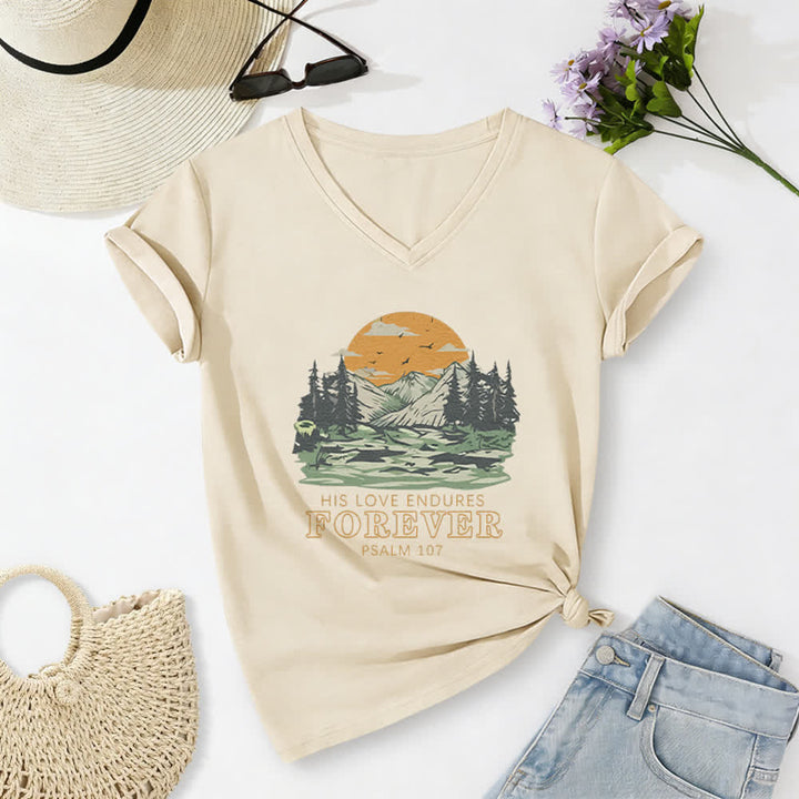 Christianartworkshop His Love Endures Forever Psalm 107 Mountain Scenery Print Casual V-neck T-shirt - Beige - 2XL - image 2