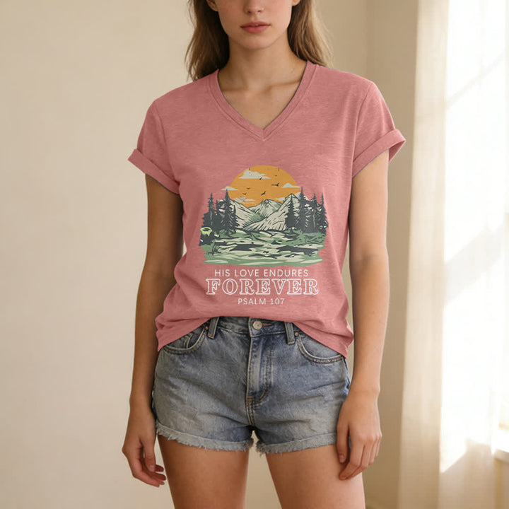 Christianartworkshop His Love Endures Forever Psalm 107 Mountain Scenery Print Casual V-neck T-shirt - image 19