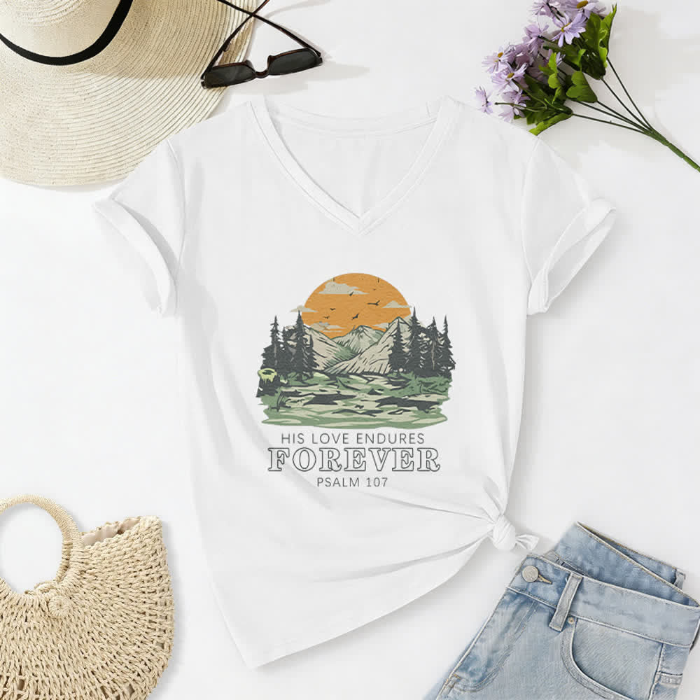Christianartworkshop His Love Endures Forever Psalm 107 Mountain Scenery Print Casual V-neck T-shirt - White - 2XL - image 4