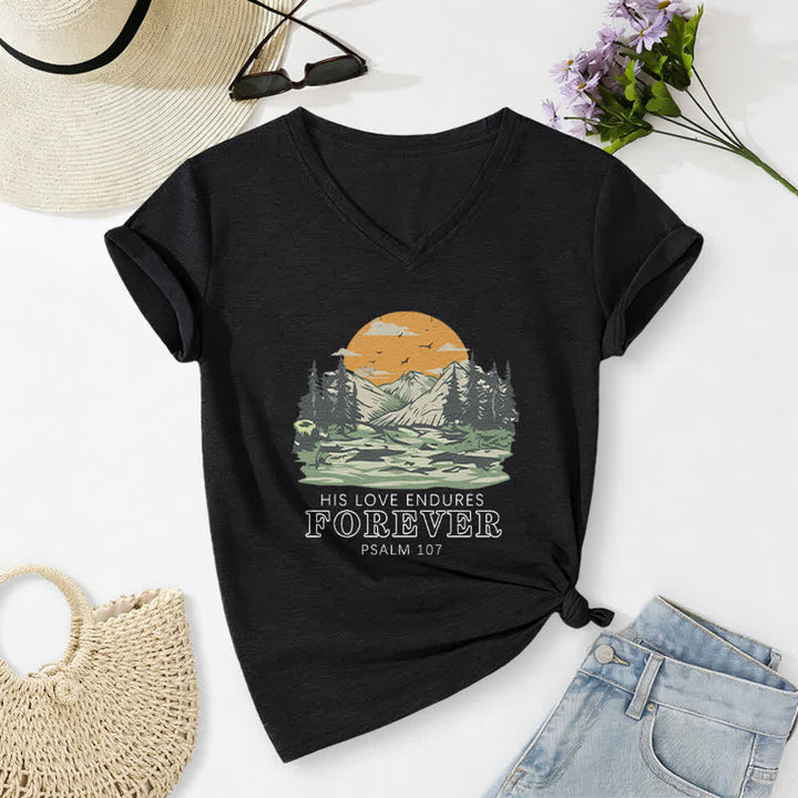 Christianartworkshop His Love Endures Forever Psalm 107 Mountain Scenery Print Casual V-neck T-shirt - Black - 2XL - image 12