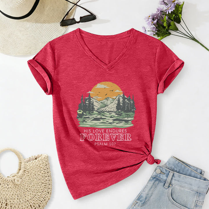 Christianartworkshop His Love Endures Forever Psalm 107 Mountain Scenery Print Casual V-neck T-shirt - Red - 2XL - image 14