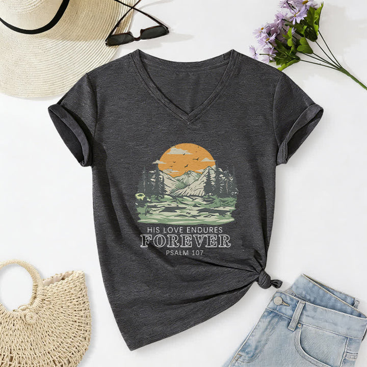 Christianartworkshop His Love Endures Forever Psalm 107 Mountain Scenery Print Casual V-neck T-shirt - Dark Grey - 2XL - image 0