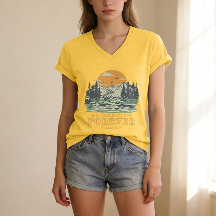 Christianartworkshop His Love Endures Forever Psalm 107 Mountain Scenery Print Casual V-neck T-shirt - image 25