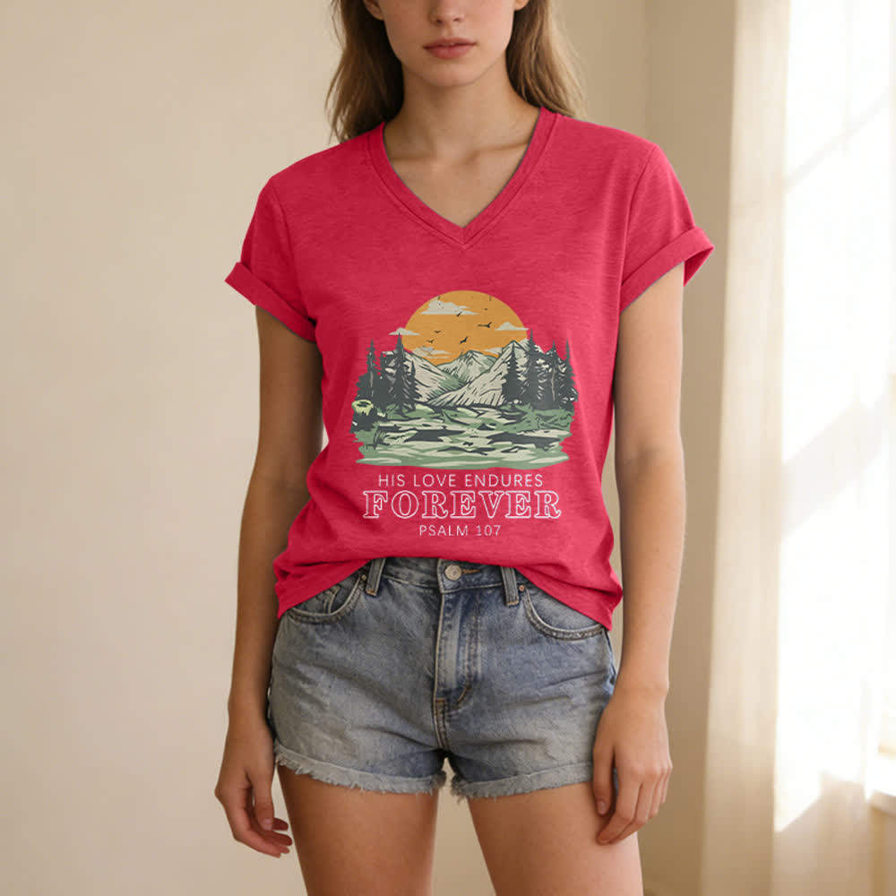 Christianartworkshop His Love Endures Forever Psalm 107 Mountain Scenery Print Casual V-neck T-shirt - image 15
