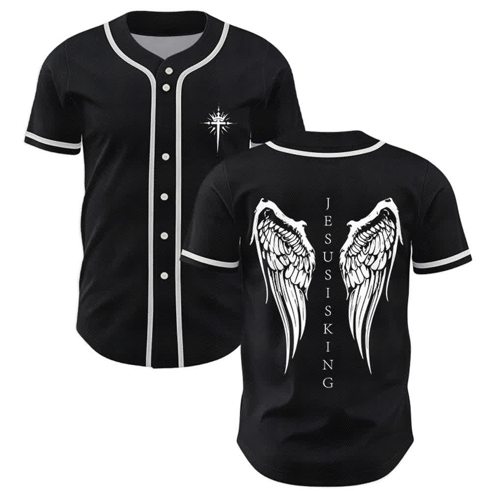Christianartworkshop Jesus Is King Angel Wings Cross Faith Statement Custom Baseball Jersey - Black - 5XL - image 0