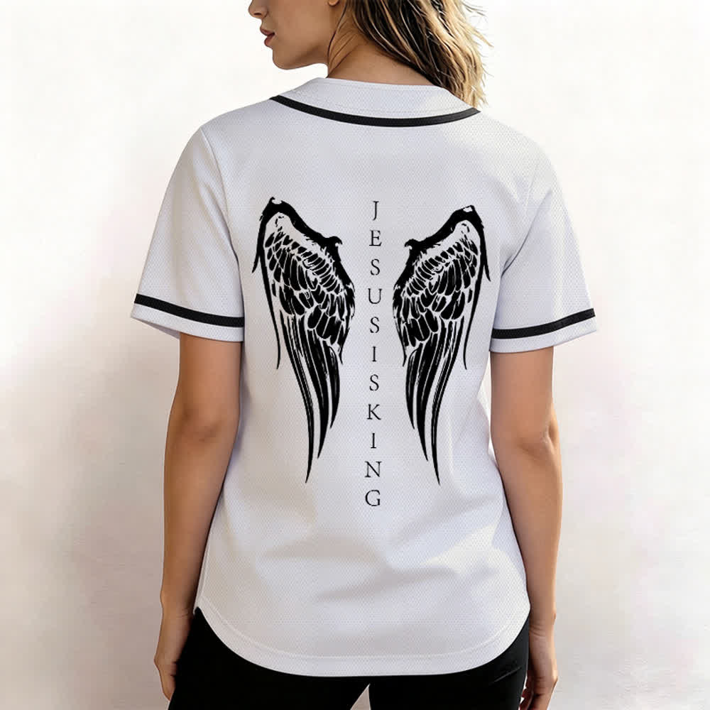 Christianartworkshop Jesus Is King Angel Wings Cross Faith Statement Custom Baseball Jersey - image 24
