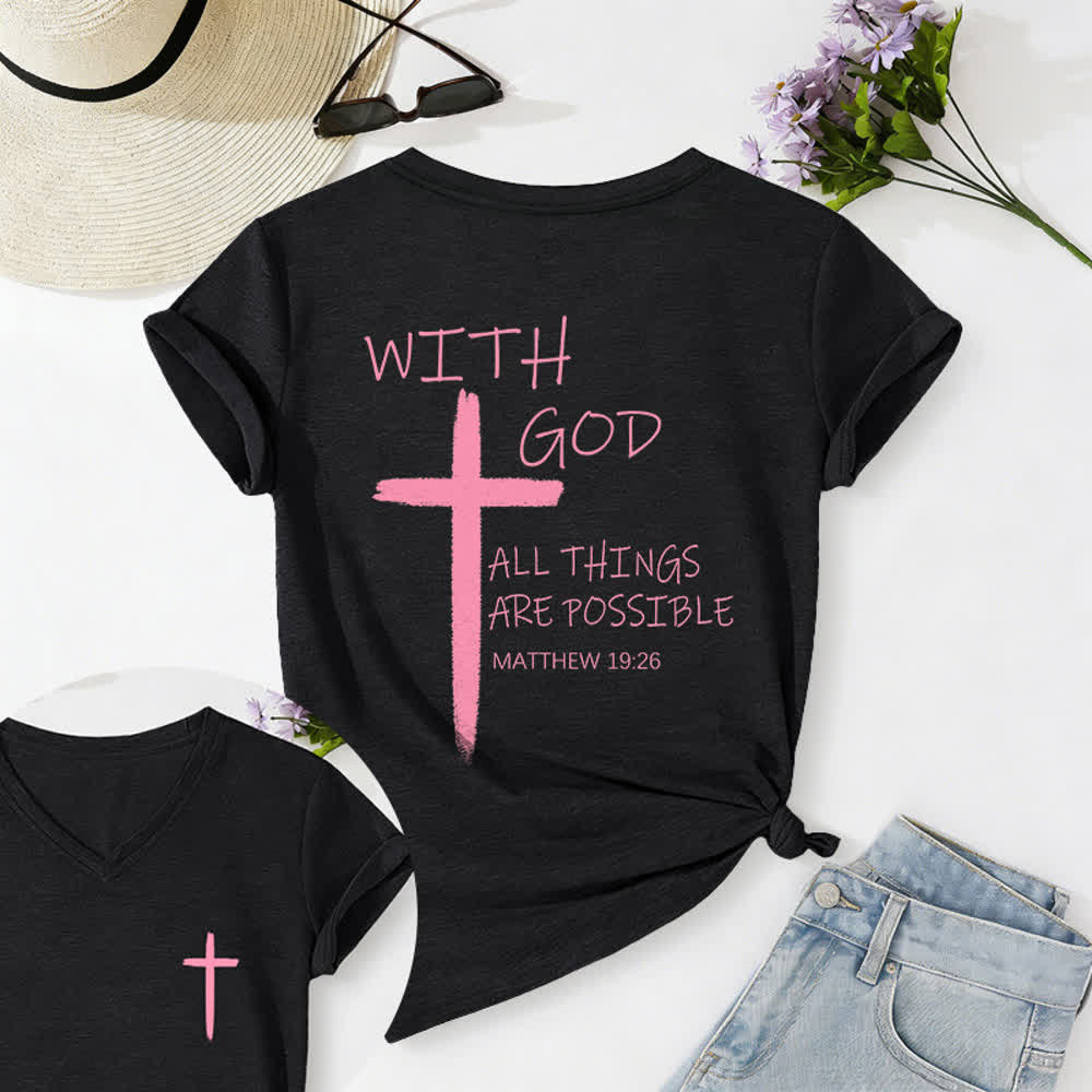 Christianartworkshop Dual-Side Cross With God All Things Are Possible Matthew 19:26 Letter Print Casual V-neck T-shirt - Black - 2XL - image 30