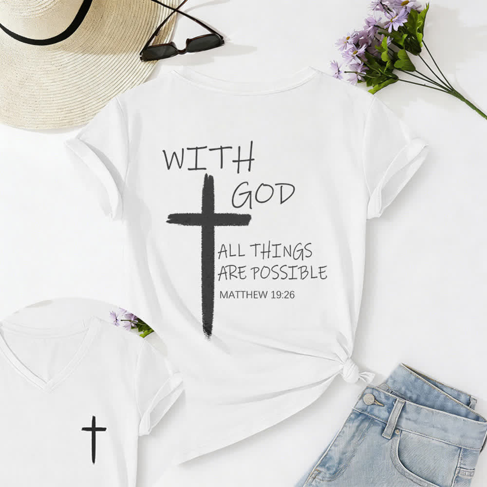 Christianartworkshop Dual-Side Cross With God All Things Are Possible Matthew 19:26 Letter Print Casual V-neck T-shirt - White - 2XL - image 10