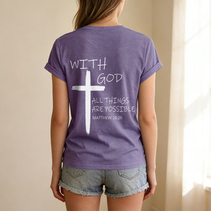 Christianartworkshop Dual-Side Cross With God All Things Are Possible Matthew 19:26 Letter Print Casual V-neck T-shirt - image 43