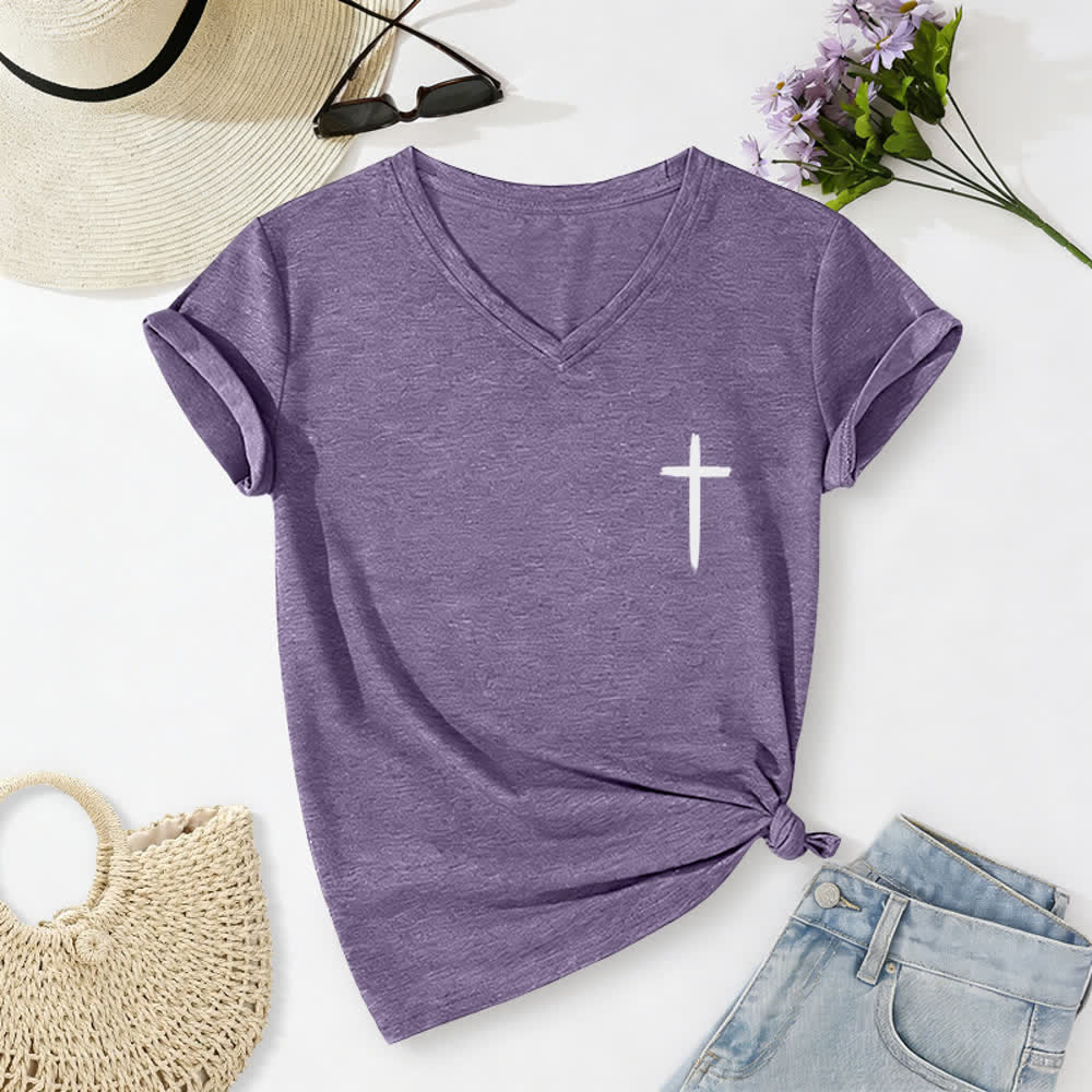 Christianartworkshop Dual-Side Cross With God All Things Are Possible Matthew 19:26 Letter Print Casual V-neck T-shirt - image 42