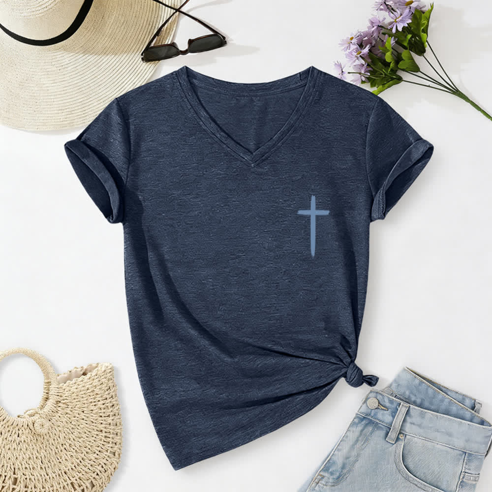 Christianartworkshop Dual-Side Cross With God All Things Are Possible Matthew 19:26 Letter Print Casual V-neck T-shirt - image 2