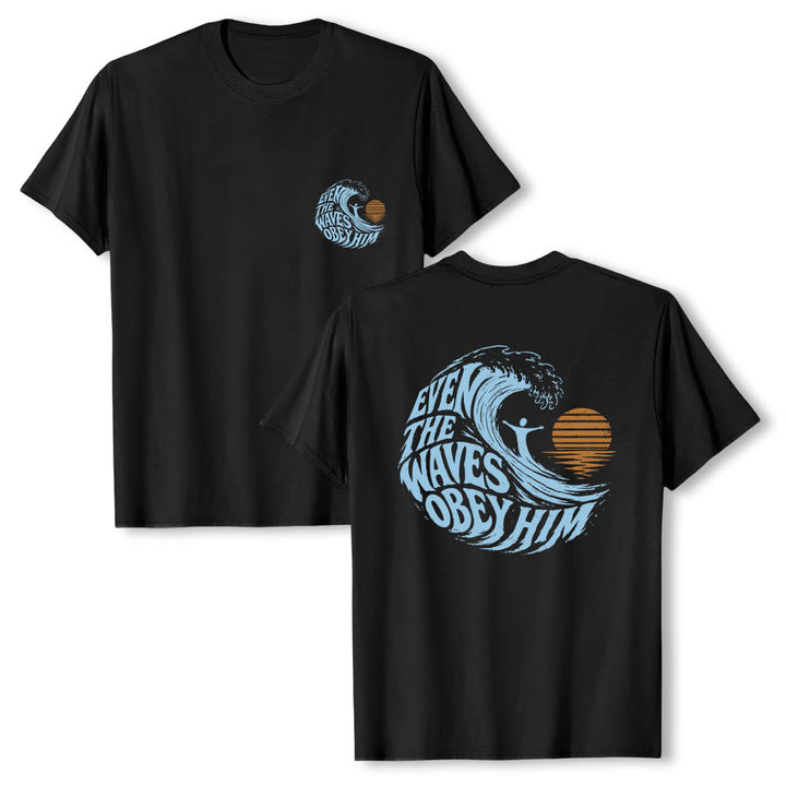 Christianartworkshop Even The Waves Obey Him Double-Side Wave Graphic Classic T-shirt - Black - 2XL - image 18