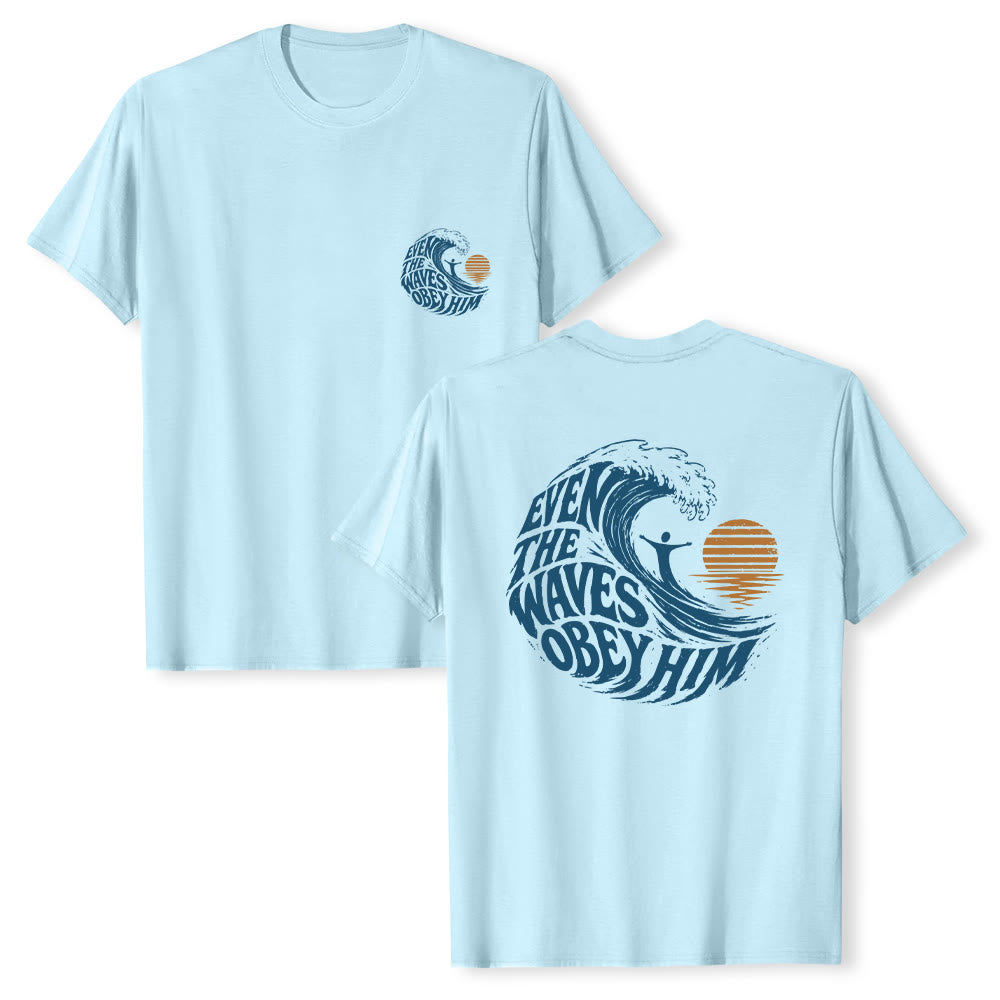 Christianartworkshop Even The Waves Obey Him Double-Side Wave Graphic Classic T-shirt - Blue - 2XL - image 3