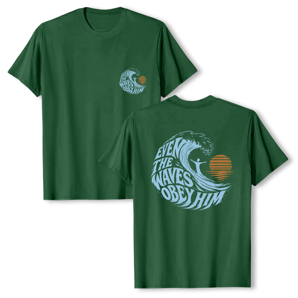 Christianartworkshop Even The Waves Obey Him Double-Side Wave Graphic Classic T-shirt - Dark Green - 2XL - image 15