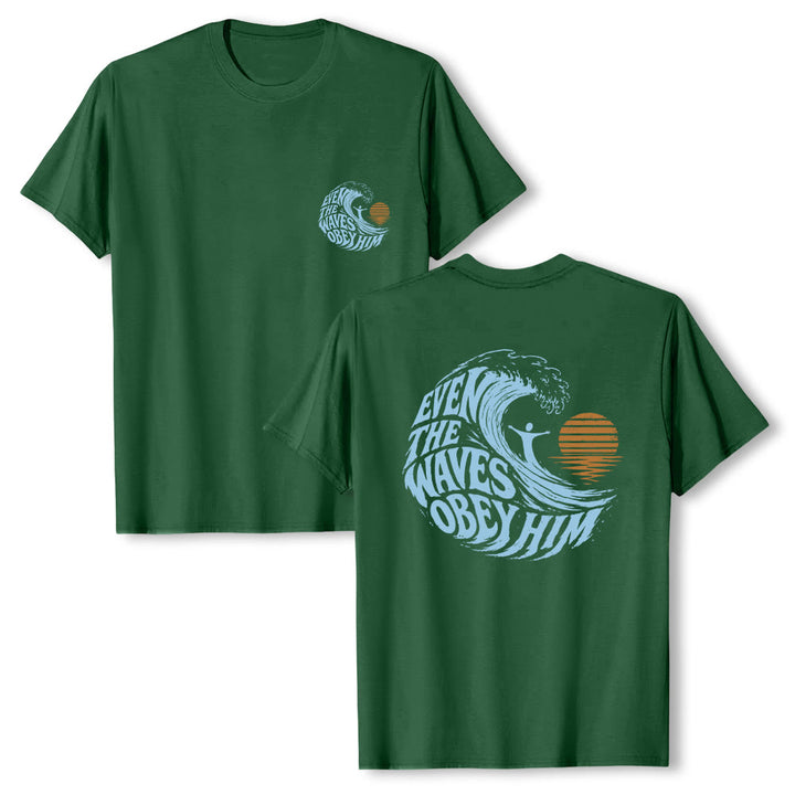 Christianartworkshop Even The Waves Obey Him Double-Side Wave Graphic Classic T-shirt - Dark Green - 2XL - image 15
