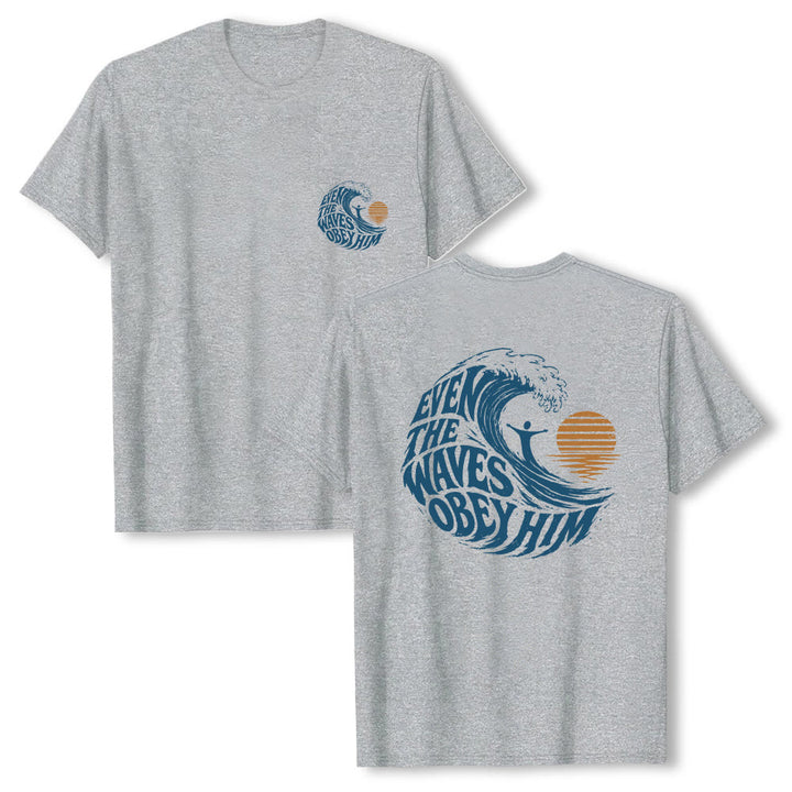 Christianartworkshop Even The Waves Obey Him Double-Side Wave Graphic Classic T-shirt - Grey - 2XL - image 0