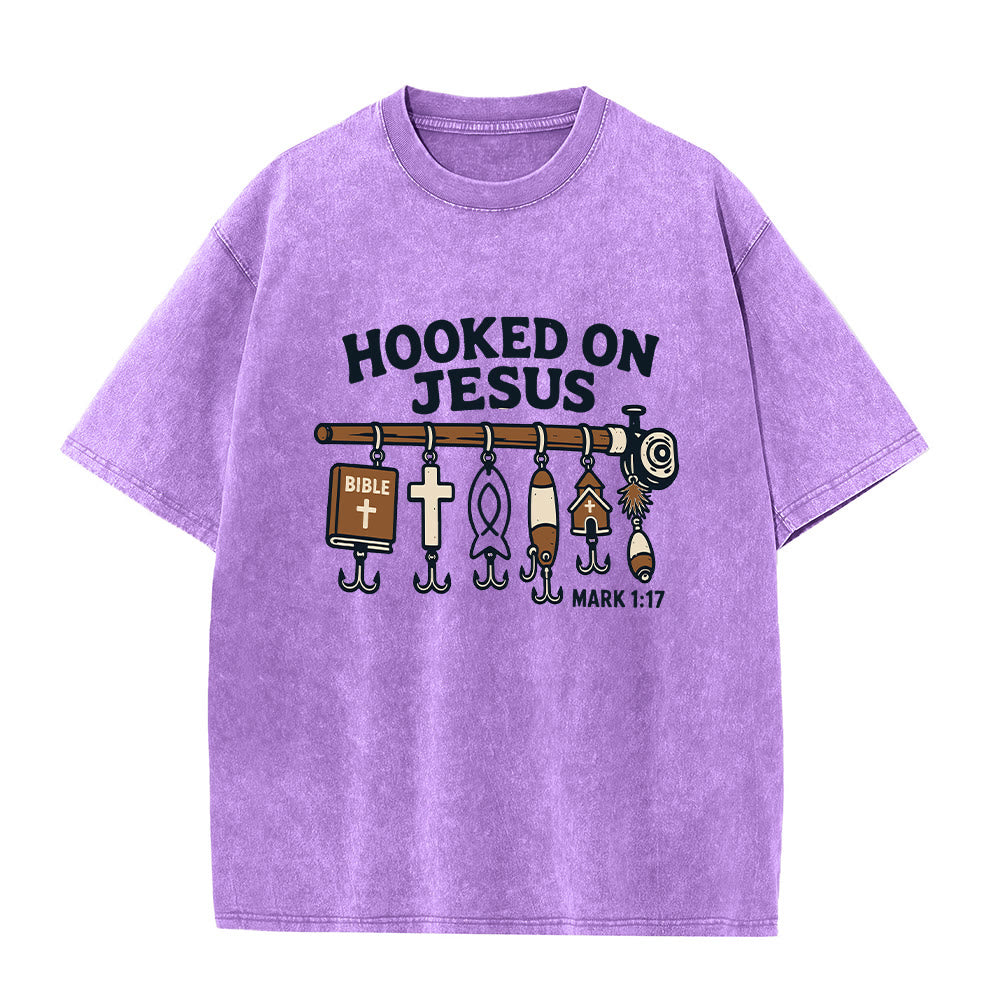Christianartworkshop Vintage Washed Hooked On Jesus Fishing Graphic Classic T-shirt - Purple - 2XL - image 0