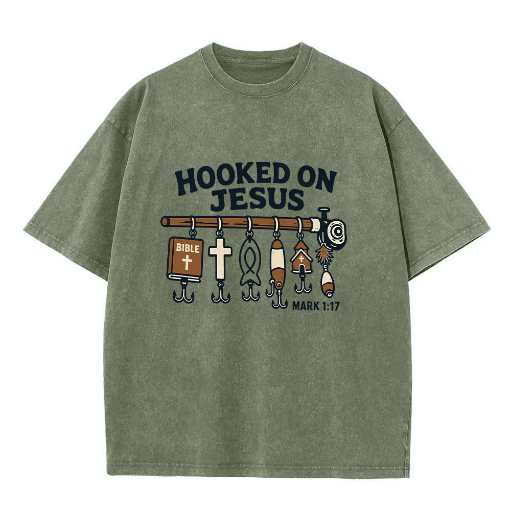 Christianartworkshop Vintage Washed Hooked On Jesus Fishing Graphic Classic T-shirt - Dark Green - 2XL - image 1