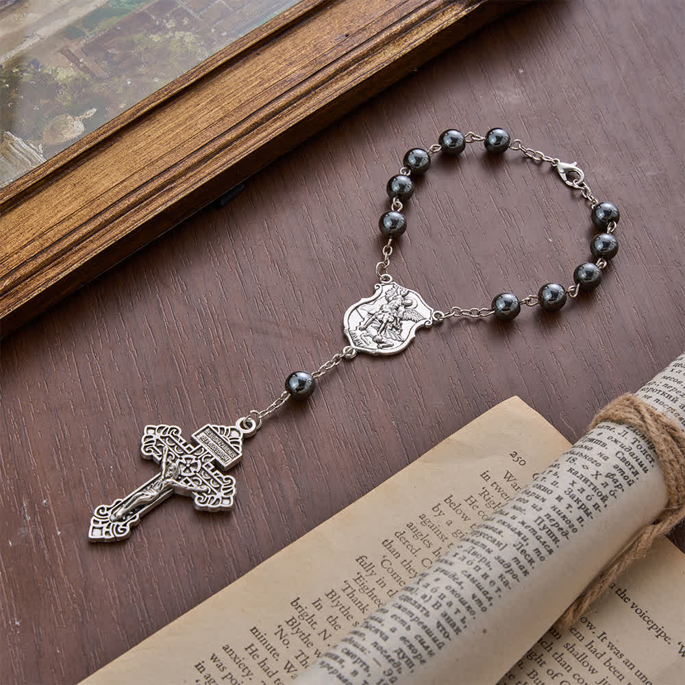 Christianartworkshop Hematite Bead Car Pendant with St. Michael Medal & Crucifix: A Gift of Heavenly Protection & Strength - image 15