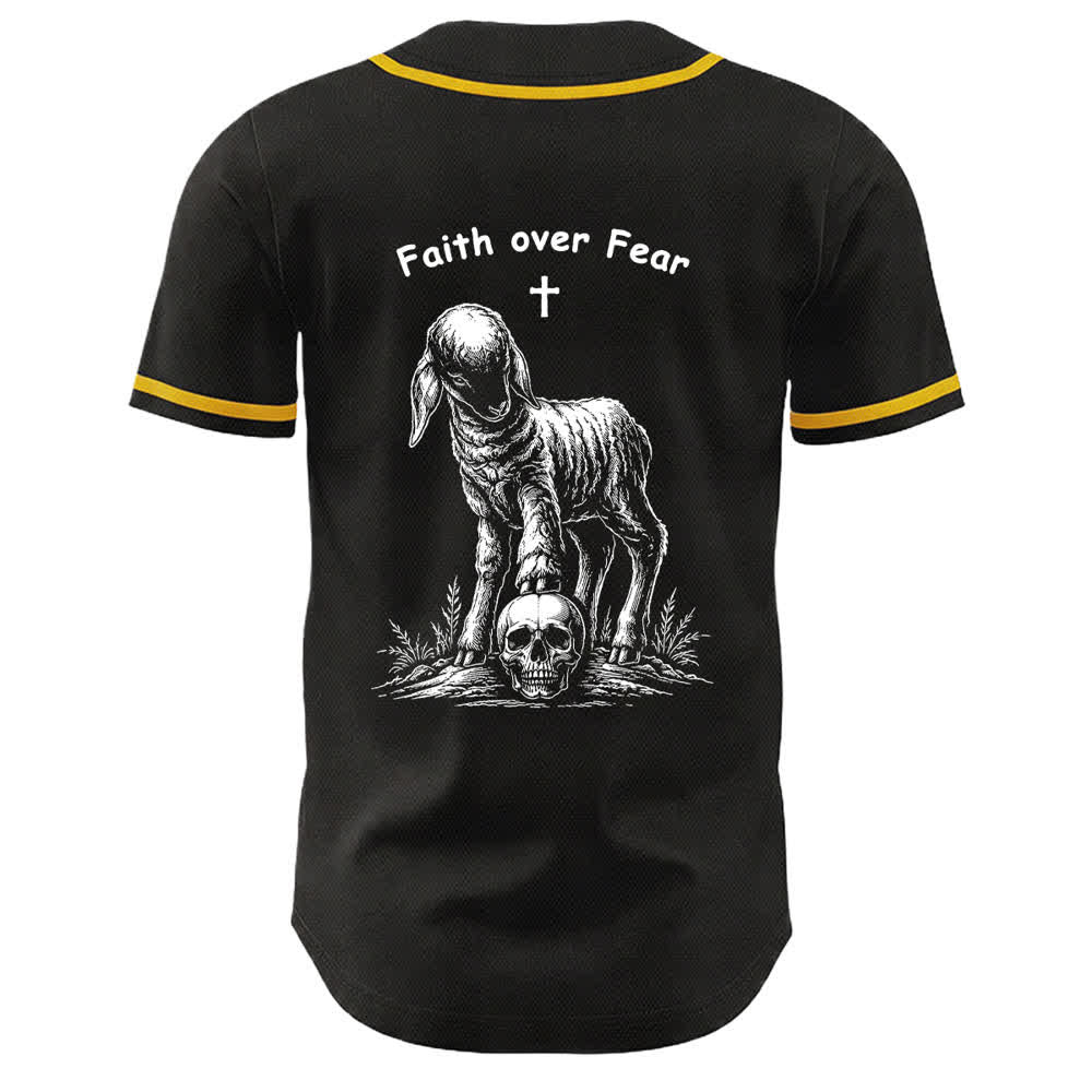 Christianartworkshop Faith Over Fear Lamb Cross Skull Graphic Unisex Baseball Jersey - image 1