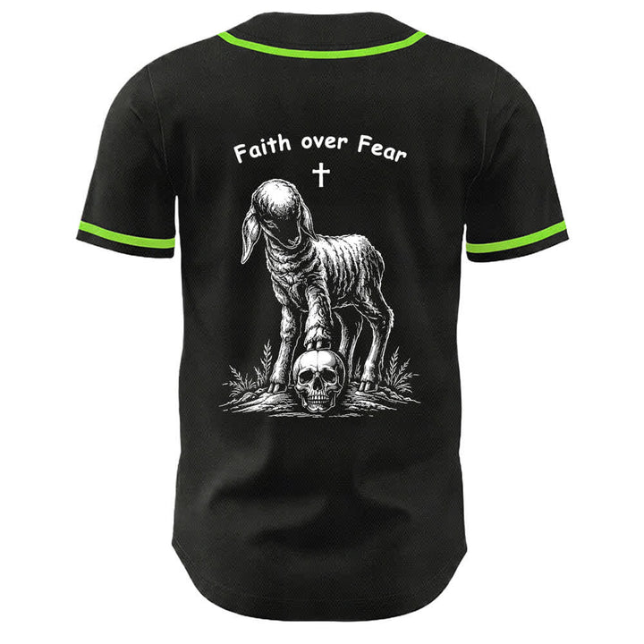 Christianartworkshop Faith Over Fear Lamb Cross Skull Graphic Unisex Baseball Jersey - image 25