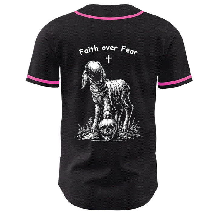 Christianartworkshop Faith Over Fear Lamb Cross Skull Graphic Unisex Baseball Jersey - image 7
