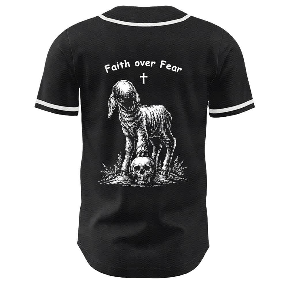 Christianartworkshop Faith Over Fear Lamb Cross Skull Graphic Unisex Baseball Jersey - image 22