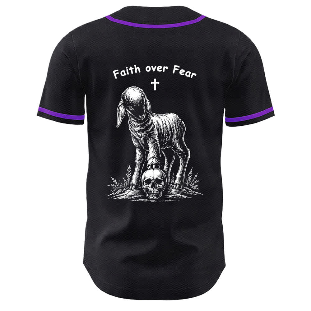 Christianartworkshop Faith Over Fear Lamb Cross Skull Graphic Unisex Baseball Jersey - image 13