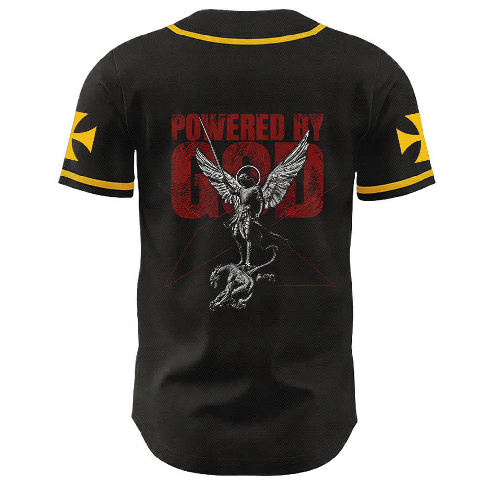 Christianartworkshop Powered By God Warrior Angel Knight Cross Christian Baseball Jersey - image 4