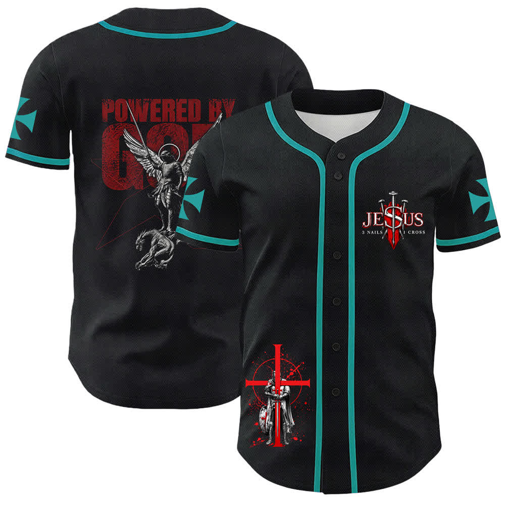 Christianartworkshop Powered By God Warrior Angel Knight Cross Christian Baseball Jersey - Dark Green - 5XL - image 6