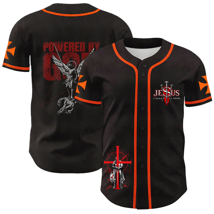 Christianartworkshop Powered By God Warrior Angel Knight Cross Christian Baseball Jersey - Orange - 5XL - image 0