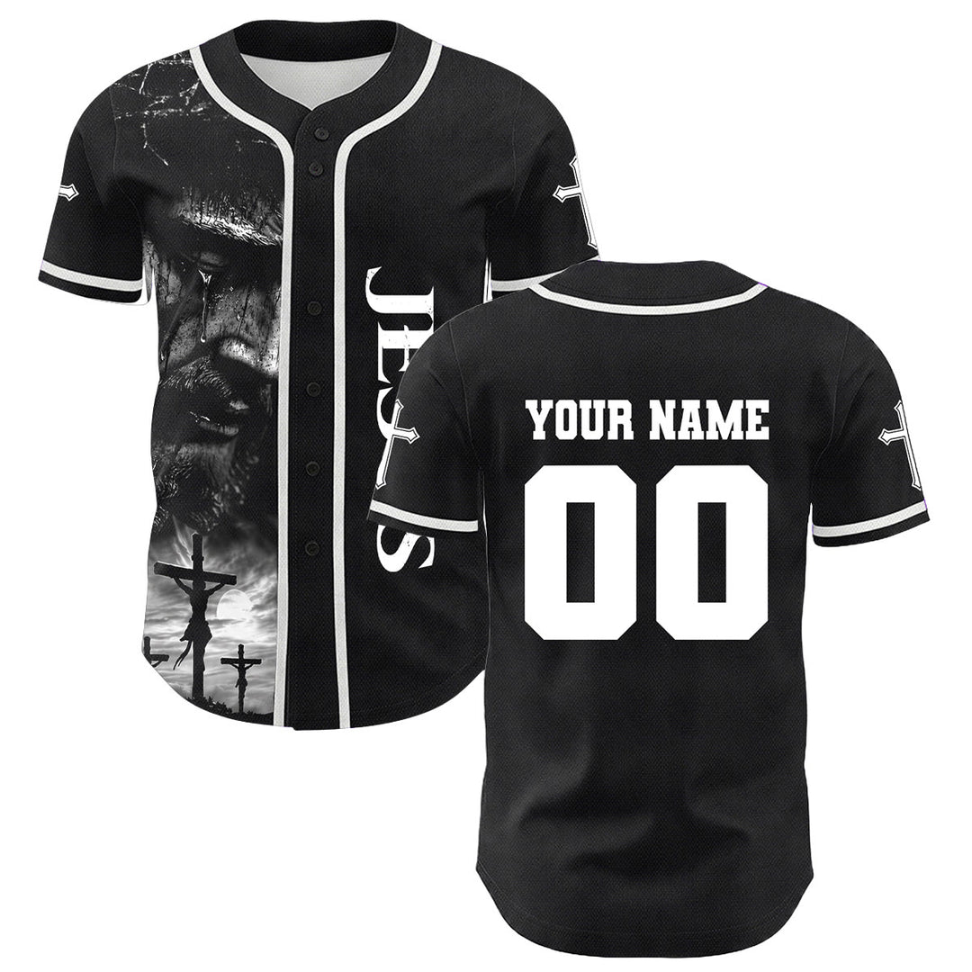 Christianartworkshop Jesus Crucifixion Custom Name Number Cross Sleeve Unisex Baseball Jersey - image 1