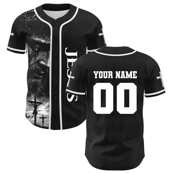 Christianartworkshop Jesus Crucifixion Custom Name Number Cross Sleeve Unisex Baseball Jersey - image 1