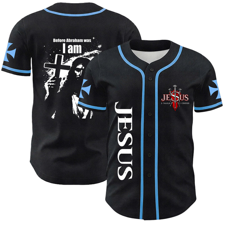 Christianartworkshop Before Abraham Was I Am Jesus Cross Nail Graphic Unisex Baseball Jersey - Blue - 5XL - image 9